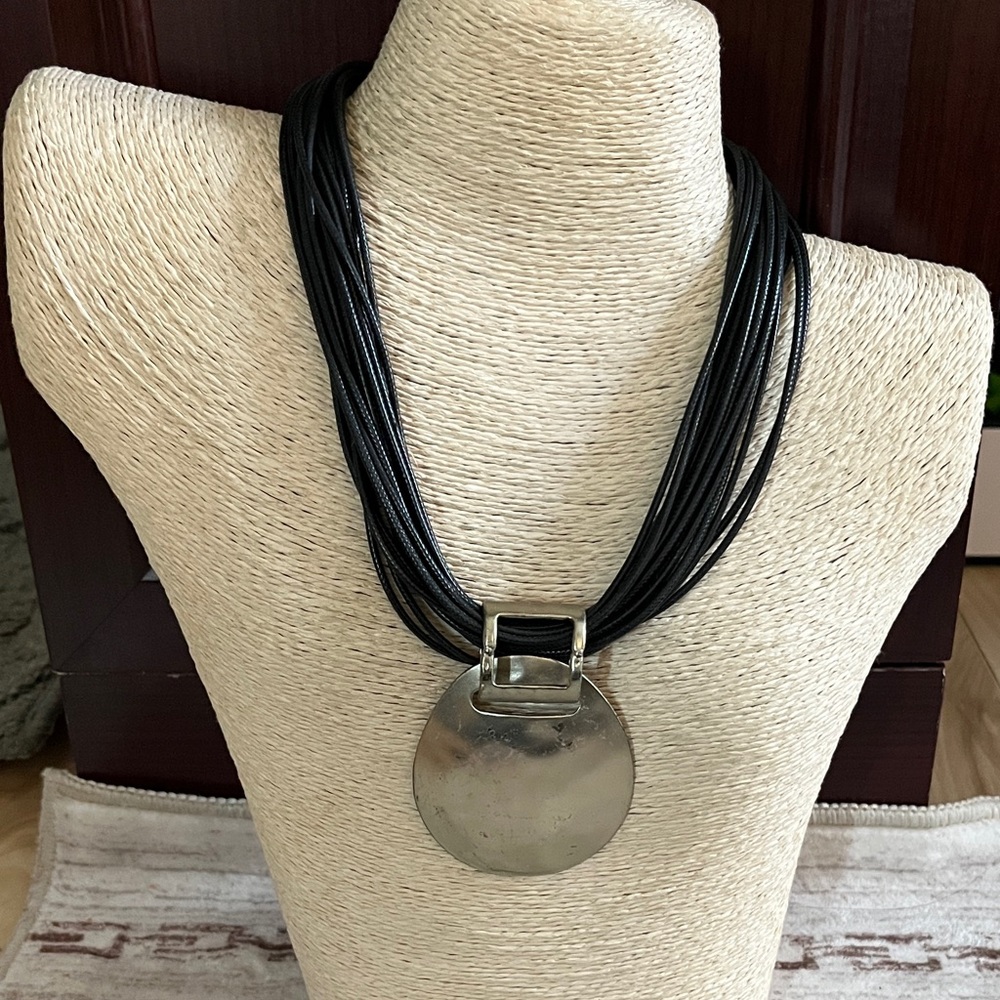 Natasha Couture Black Multi-Strand Necklace with Silver Disc Pendant